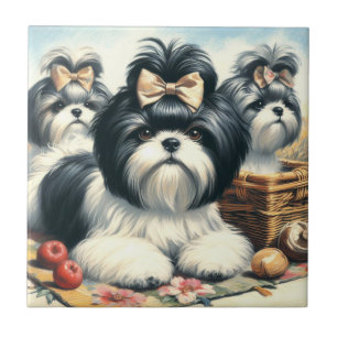 Cute Vintage Shih-Tzu Painting Tile