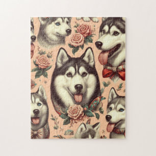 Cute Vintage Siberian Husky Illustration Jigsaw Puzzle