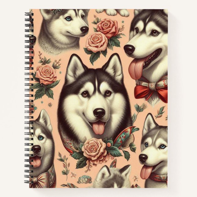Cute Vintage Siberian Husky Illustration Notebook (Front)