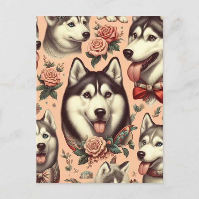 Cute Vintage Siberian Husky Illustration Postcard (Front)