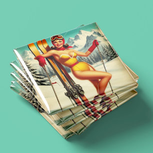 Cute Vintage Ski Pin Up Magnet