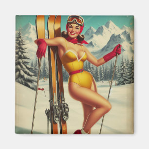 Cute Vintage Ski Pin Up Magnet