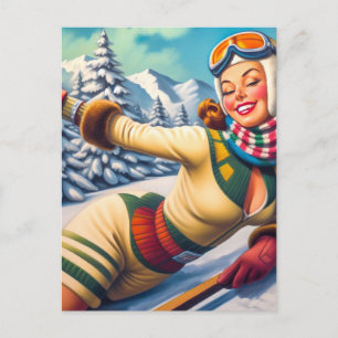 Cute Vintage Ski Pin-Up Postcard
