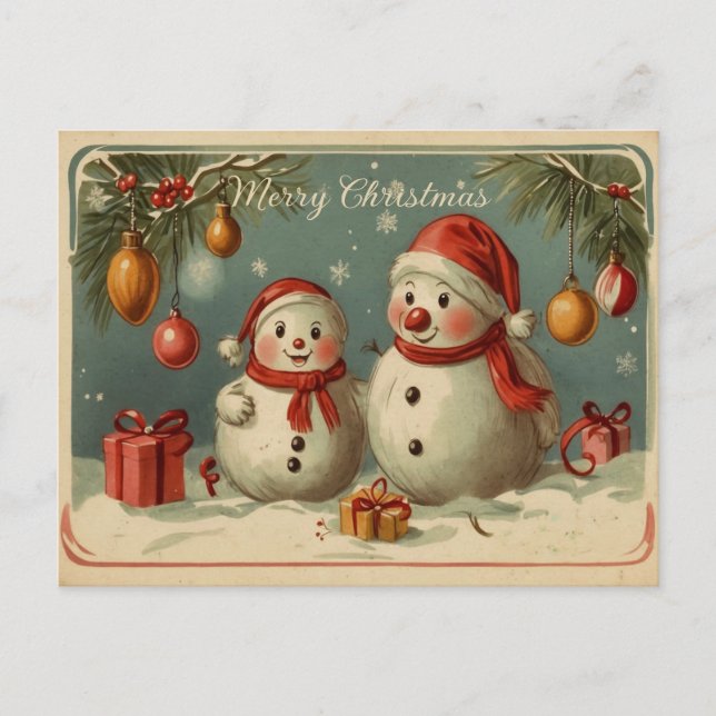 Cute Vintage Snowman Christmas Holiday Postcard (Front)