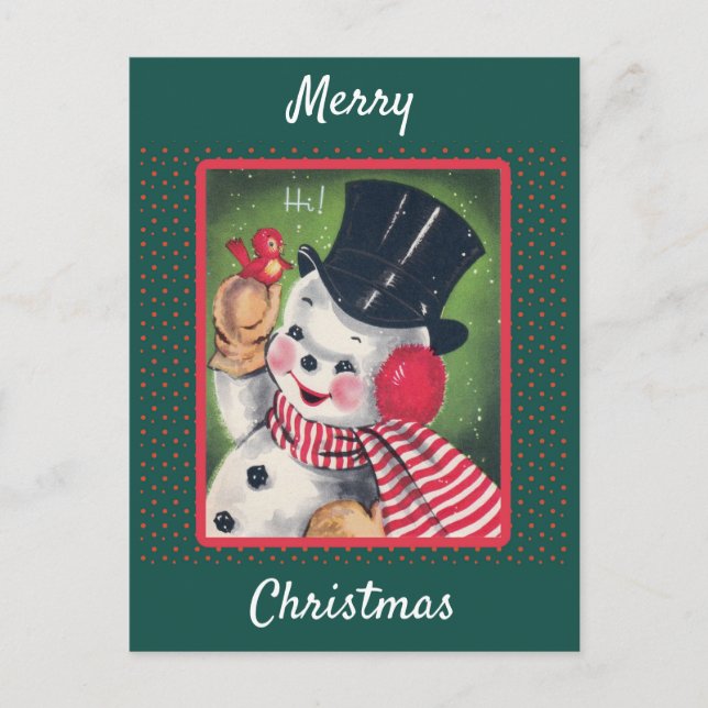 Cute Vintage Snowman Retro Christmas Postcard (Front)