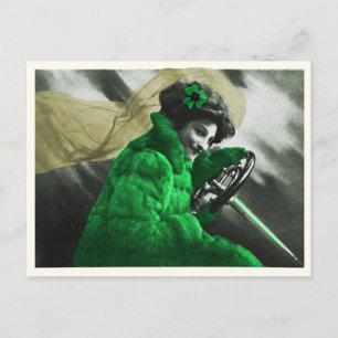 Cute Vintage St Patrick's Day Green Girl in Car Holiday Postcard