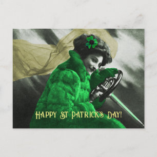 Cute Vintage St Patrick's Day Green Girl in Car Postcard