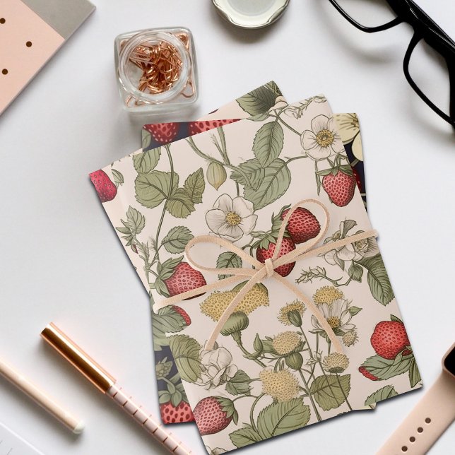 Cute Vintage Strawberry and Flowers Design Wrapping Paper Sheet (Creator Uploaded)