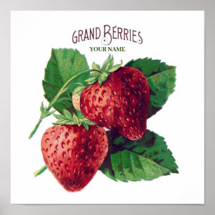 Cute Vintage Strawberry Berry Fruit Add Your Name Poster