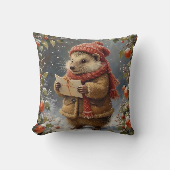 Cute vintage-style christmas hedgehog cushion (Front)