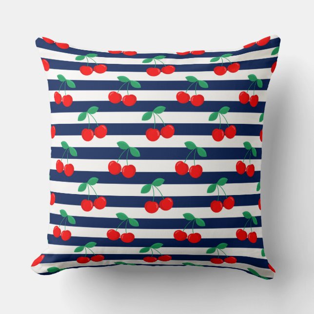 Cute Vintage Summer Cherries and Stripes Cushion (Front)
