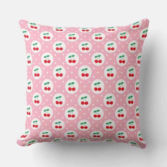 Cute Vintage Summer Cherries on Light Pink Cushion (Front)