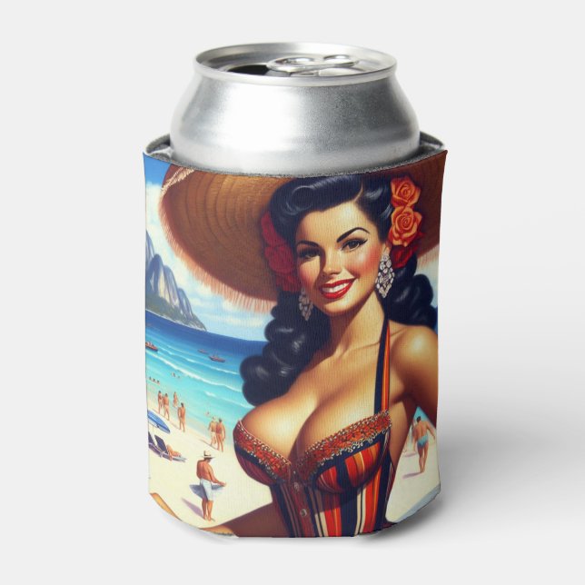 Cute Vintage Summer Girl Can Cooler (Can Front)