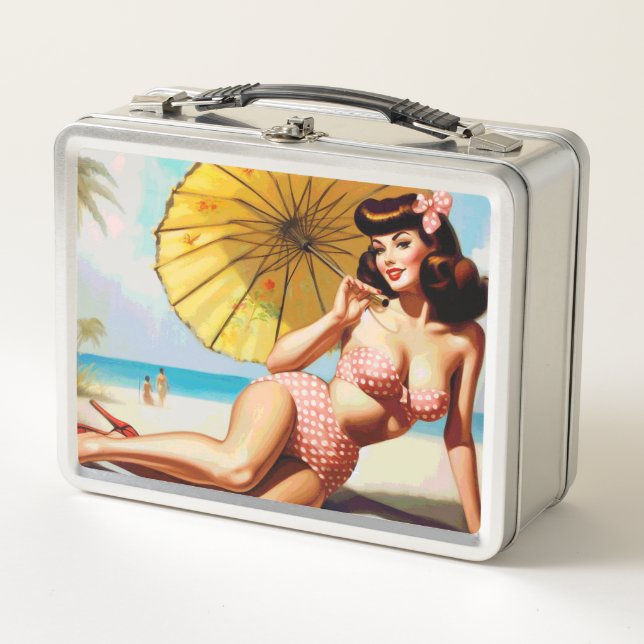 Cute Vintage Summer Pin Up Metal Lunch Box (Front)