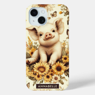 Cute Vintage Sunflower Pig Pattern iPhone 15 Case