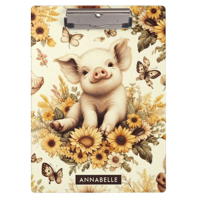 Cute Vintage Sunflower Pig Pattern Clipboard (Front)