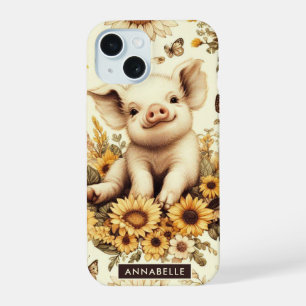 Cute Vintage Sunflower Pig Pattern iPhone 15 Case