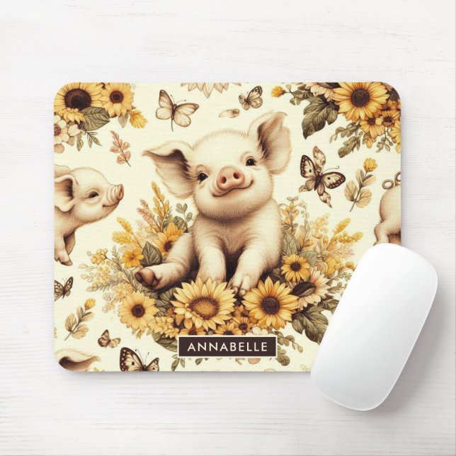 Cute Vintage Sunflower Pig Pattern Mouse Mat (With Mouse)