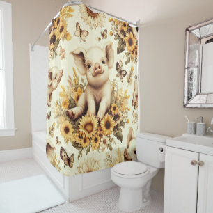 Cute Vintage Sunflower Pig Pattern Shower Curtain