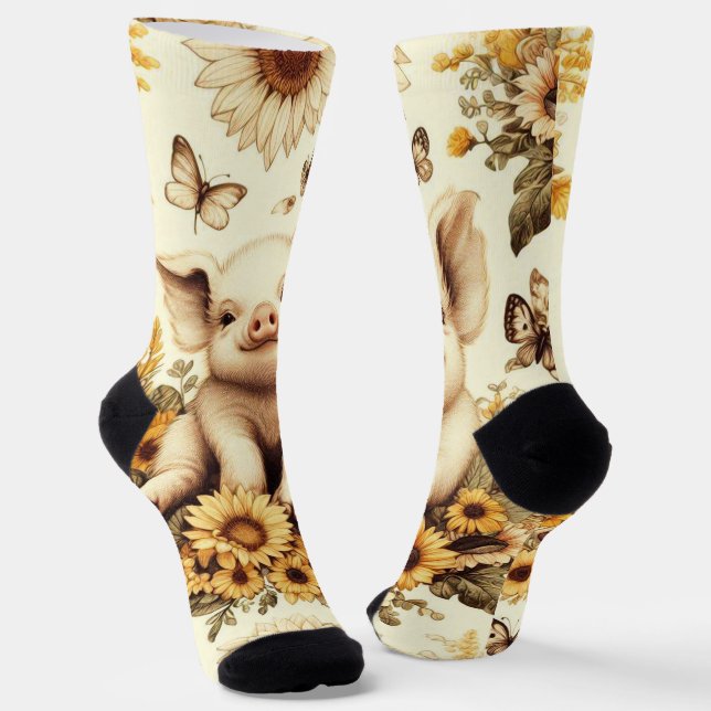 Cute Vintage Sunflower Pig Pattern Socks (Angled)