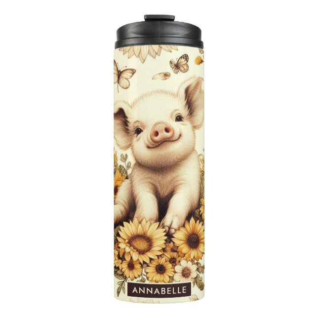 Cute Vintage Sunflower Pig Pattern Thermal Tumbler (Front)
