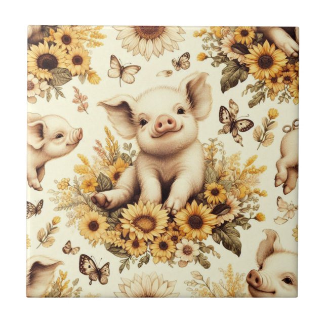 Cute Vintage Sunflower Pig Pattern Tile (Front)