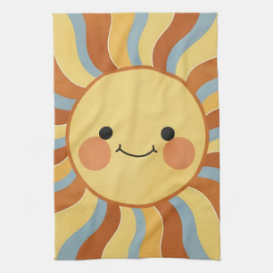 Cute Vintage Sunshine with Groovy Wavy Rays Tea Towel