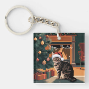 cute vintage tabby cat christmas card key ring