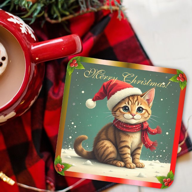 Cute Vintage Tabby Cat Christmas Coaster (Cute Vintage Tabby Cat Christmas Beverage Coaster by the Olde Christmas Shoppe)
