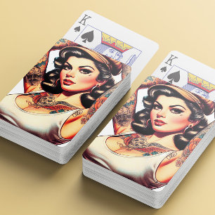Cute Vintage Tattoo Girl Playing Cards