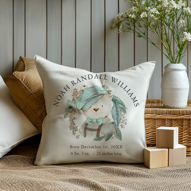 Cute Vintage Teddy Bear Boy Birth Stats Cushion (Personalize the baby's name and birth stats.)