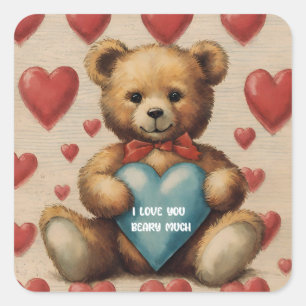 Cute Vintage Teddy Bear I Love You Valentine Square Sticker