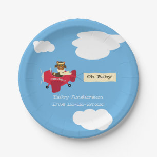 Cute Vintage Teddy Bear Pilot Baby Shower Paper Plate