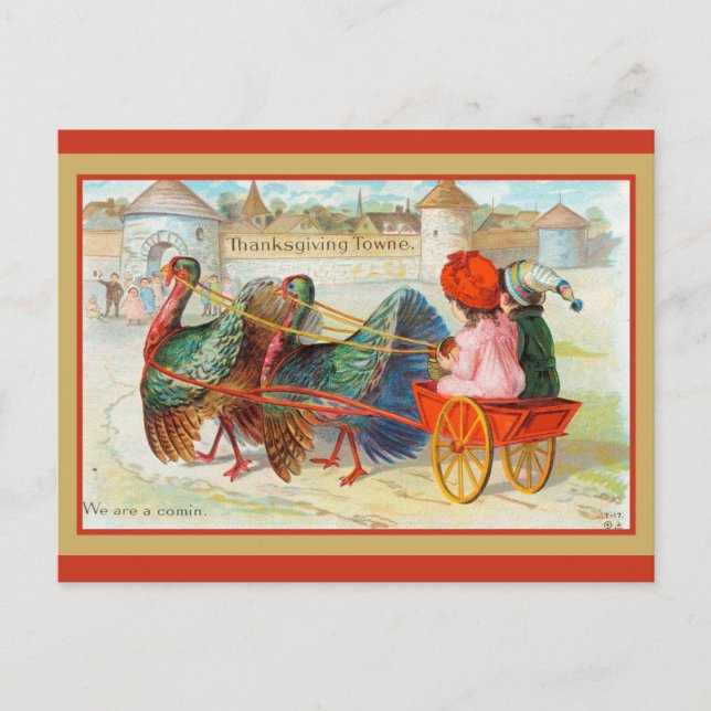 Cute Vintage Thanksgiving Town Turkey Postcard (Front)