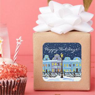 Cute Vintage Town Houses In Snowy Landscape Square Sticker