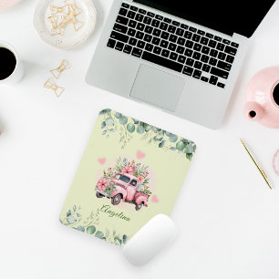 Cute Vintage Truck Pink Floral Green Foliage Mouse Mat