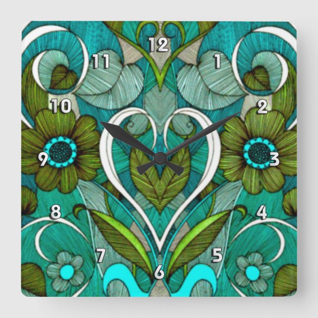 Cute Vintage Turquoise Wallpaper Square Wall Clock (Front)