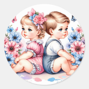 Cute Vintage Twins Boy and Girl Classic Round Sticker