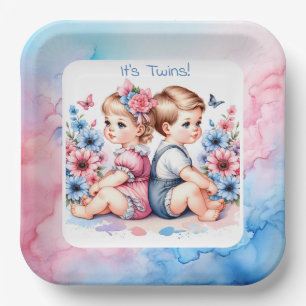 Cute Vintage Twins   Boy and Girl Paper Plate
