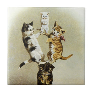 Cute Vintage Victorian Cats Kittens Playing, Tile