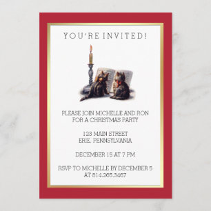 Cute Vintage Victorian Christmas Cats Red and Gold Invitation