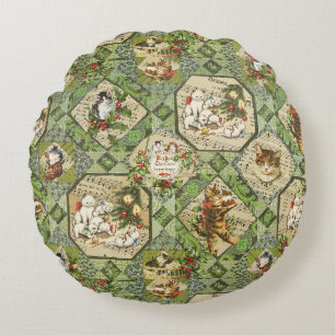 Cute Vintage Victorian Christmas Cats Round Cushion