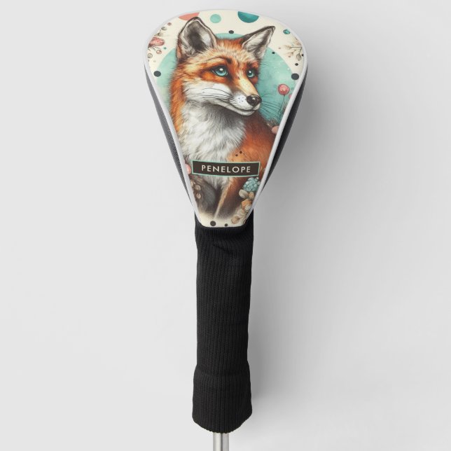 Cute Vintage Watercolo Fox Painting Golf Head Cover (Front)