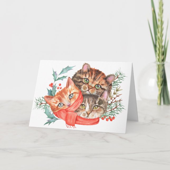 Cute Vintage Watercolour Kittens Christmas Card (Front)