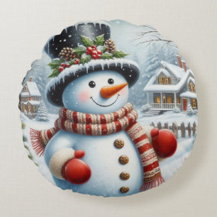Cute, Vintage/Whimsical Christmas/winter snowman Round Cushion