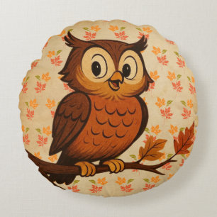 Cute, vintage whimsical fall/autumn owl round cushion