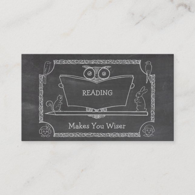 Cute Vintage Wise Owl Reading Chalkboard Business Card (Front)