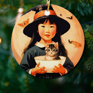 Cute vintage witch - Asian child Ceramic Tree Decoration