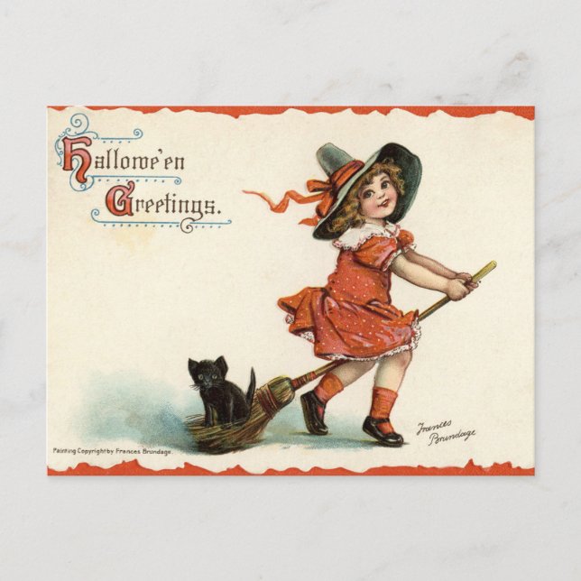 Cute Vintage Witch on Broom Halloween Postcard (Front)