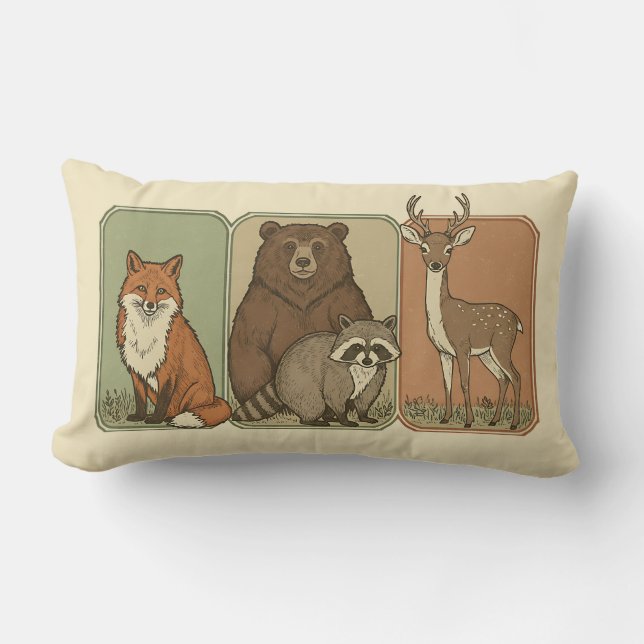 Cute Vintage Woodland Animals Lumbar Cushion (Front)
